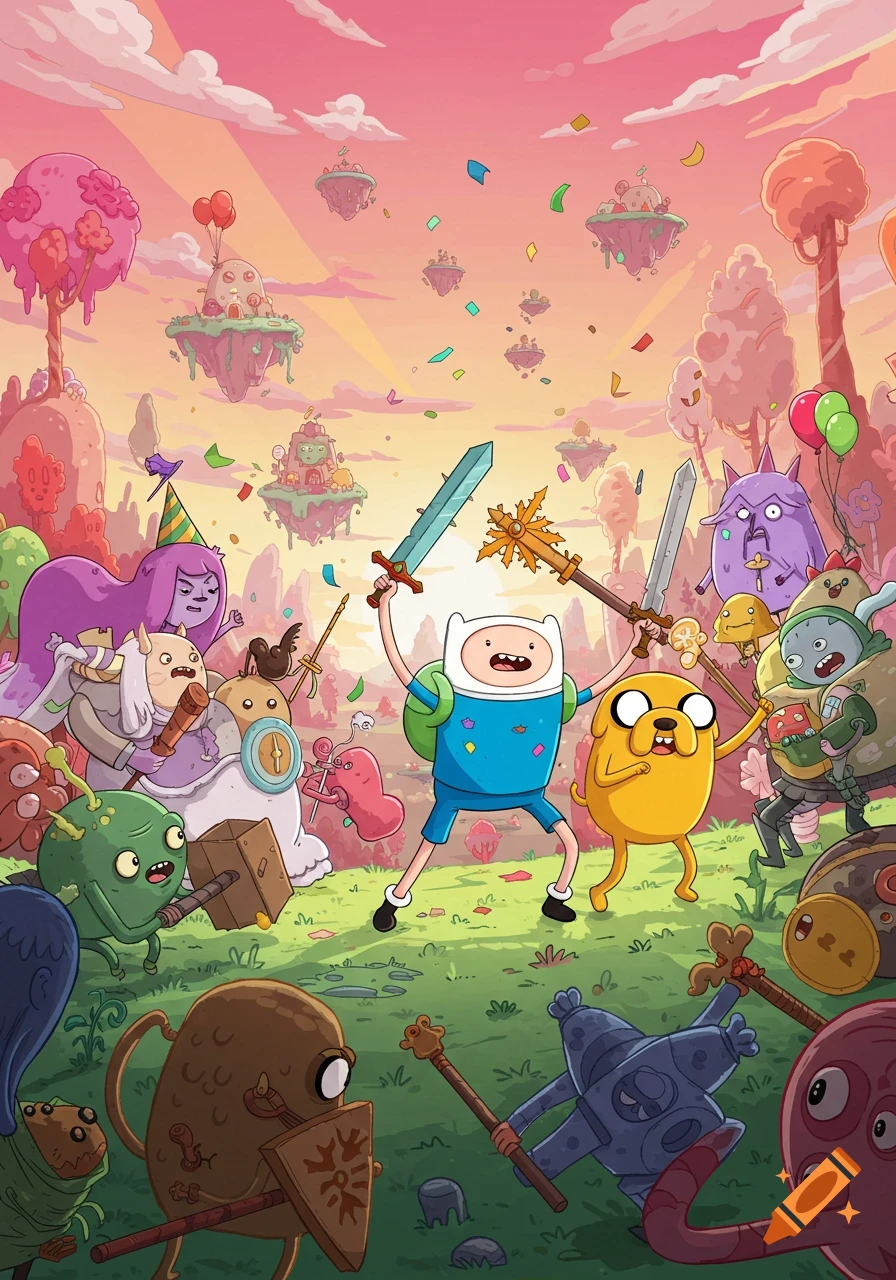 Finn and Jake with other Adventure Time characters wield swords and weapons in a vibrant, cartoon fantasy landscape with floating islands and confetti.
