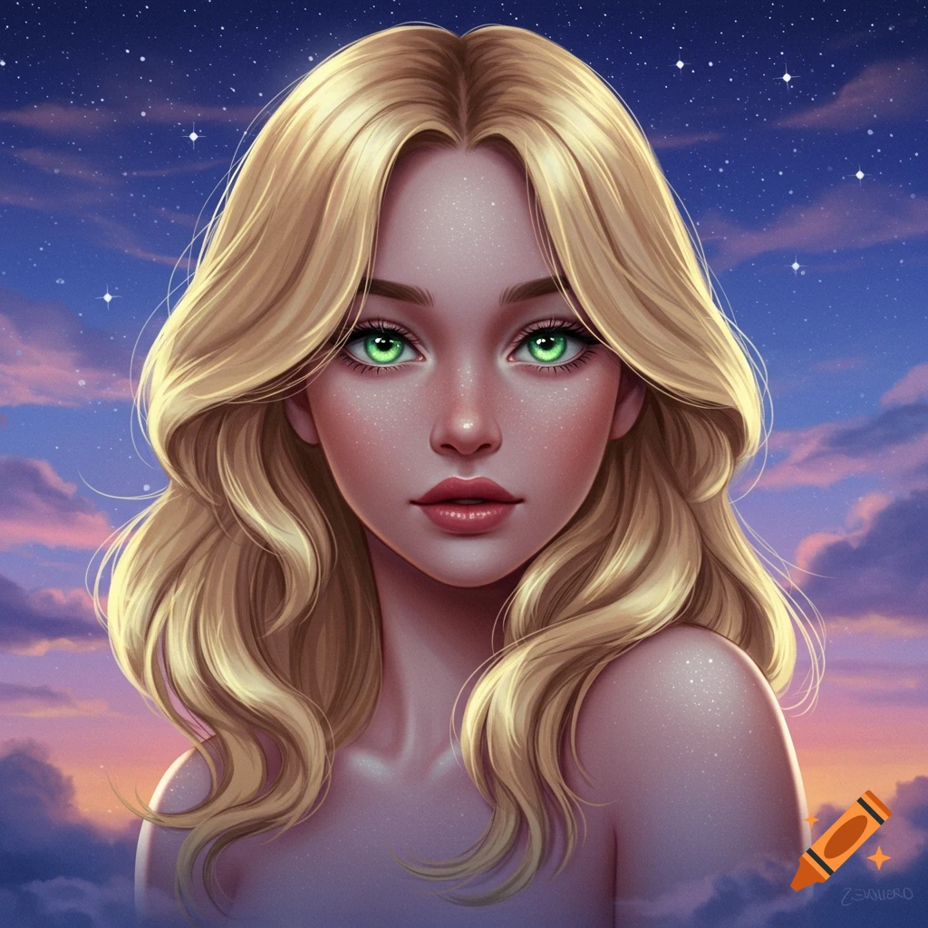 Stylized portrait of a blonde woman with green eyes, against a starry sky with colorful clouds.