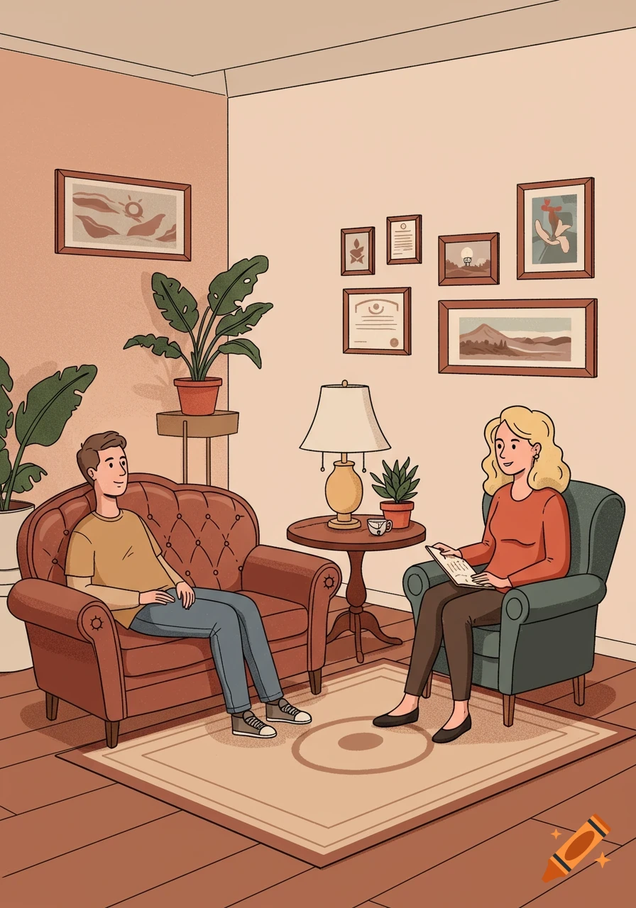 A cartoon illustration of a man on a couch speaking with a blonde female therapist in a chair during a psychotherapy session.