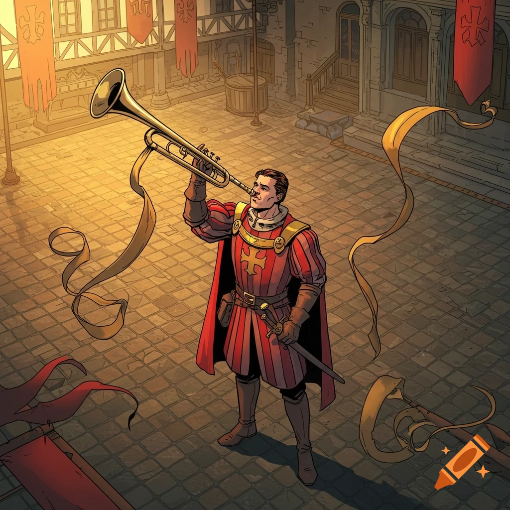 A medieval herald in red and gold attire blows a trumpet in a stone courtyard, in a comic book art style.