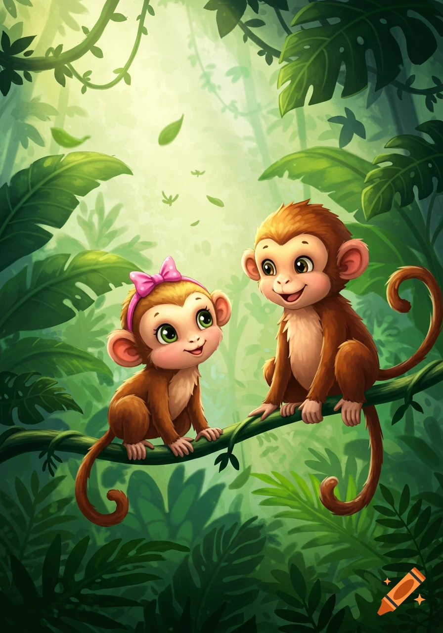 Two cute cartoon monkeys, one with a pink bow, sitting on a branch in a vibrant jungle.