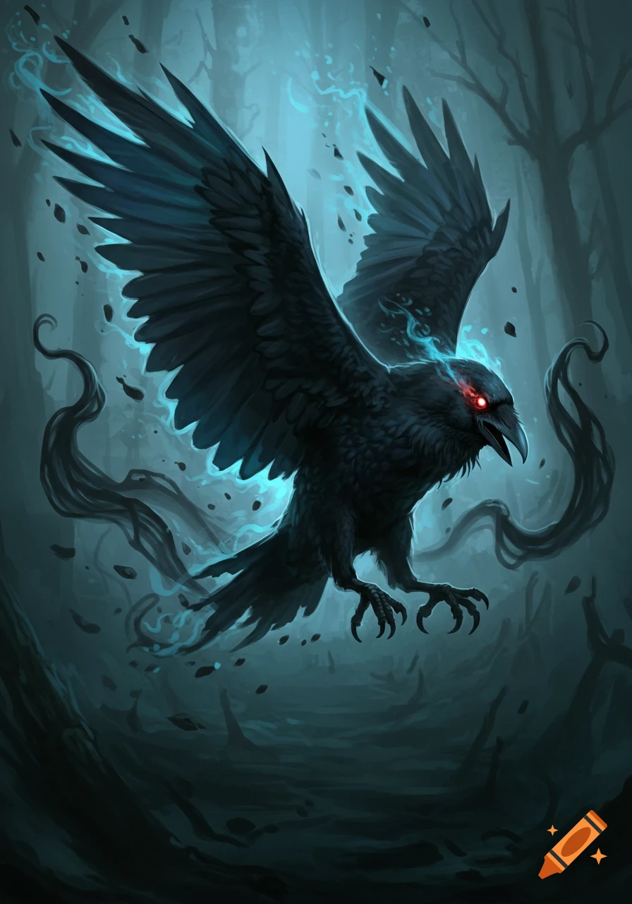 A dark, spectral raven with glowing red eyes and teal mystical energy, flying through a gloomy, dark forest.