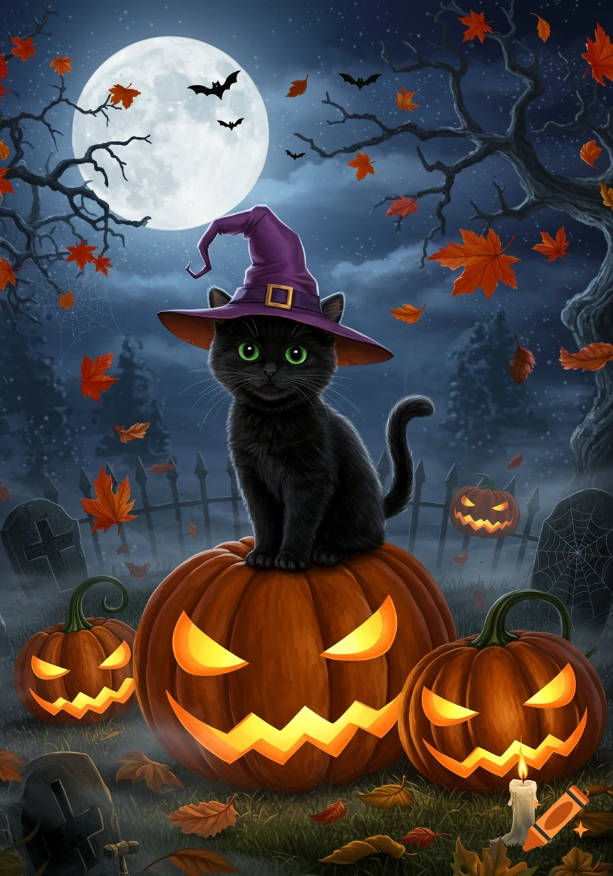 A black cat wearing a witch hat sits atop a glowing jack-o'-lantern with bats and a full moon in a Halloween night illustration.
