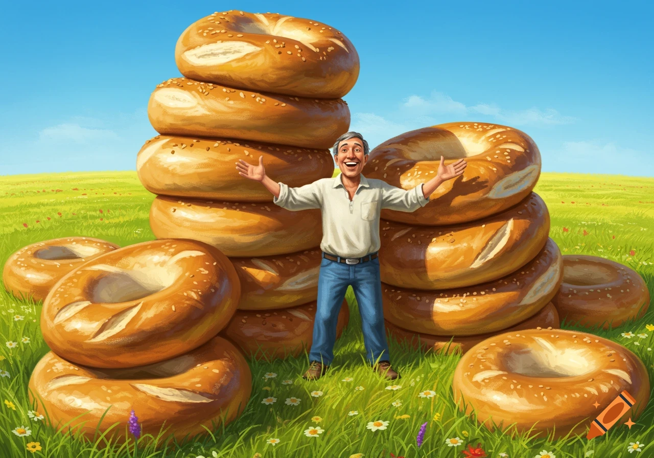 A smiling man with outstretched arms stands among giant piles of bagels in a sunny grassy field, illustration.