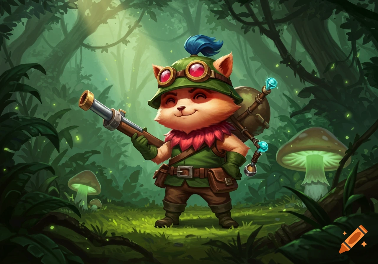A cute, cartoon furry creature in a green hat and goggles, holding a rifle in a magical forest with glowing mushrooms.