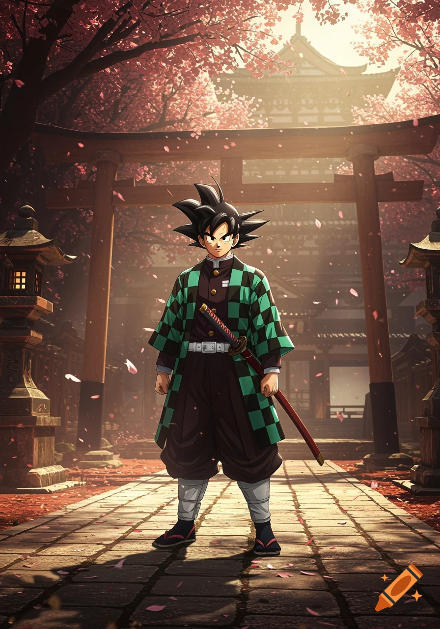 Anime-style Goku wearing a green and black checkered Demon Slayer uniform, holding a sword, in a traditional Japanese courtyard with cherry blossoms and a torii gate.