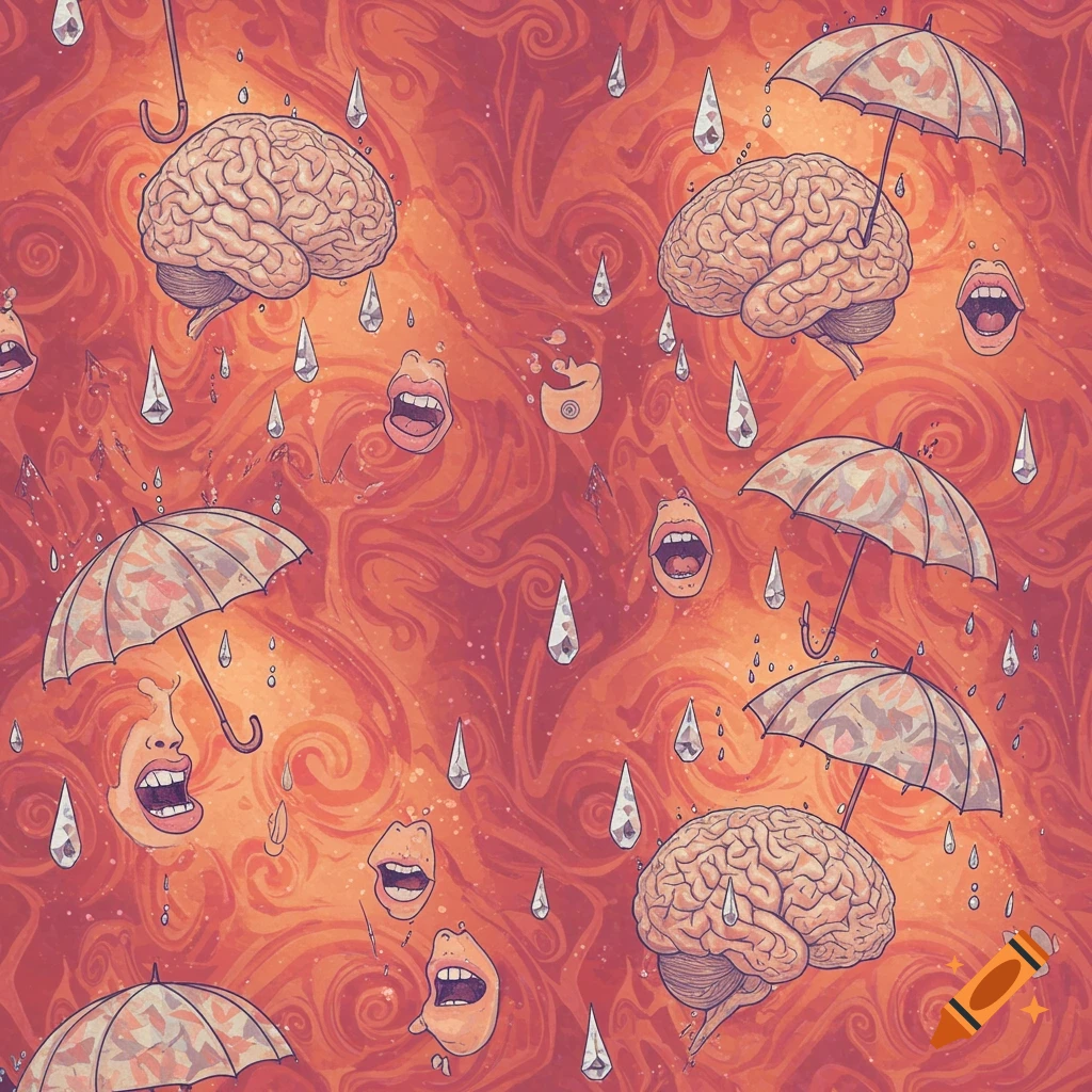 A psychedelic watercolor pattern featuring brains, umbrellas, open mouths, and raindrops on a swirled orange and red background.
