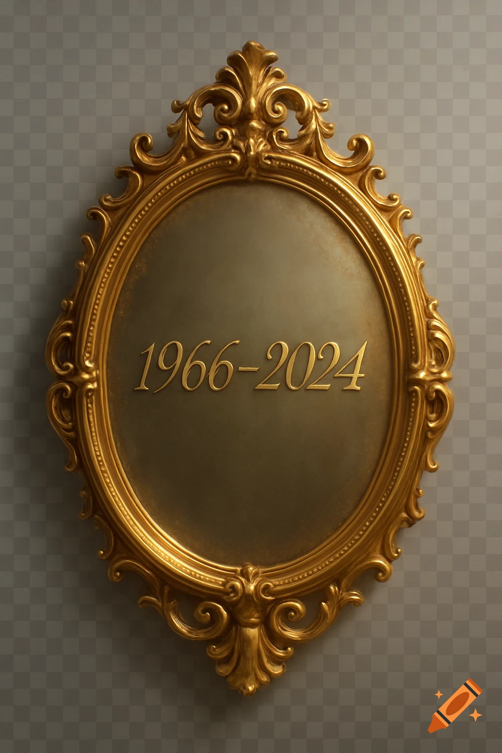 An ornate gold oval frame with the years 1966-2024 displayed in the center, on a transparent background.