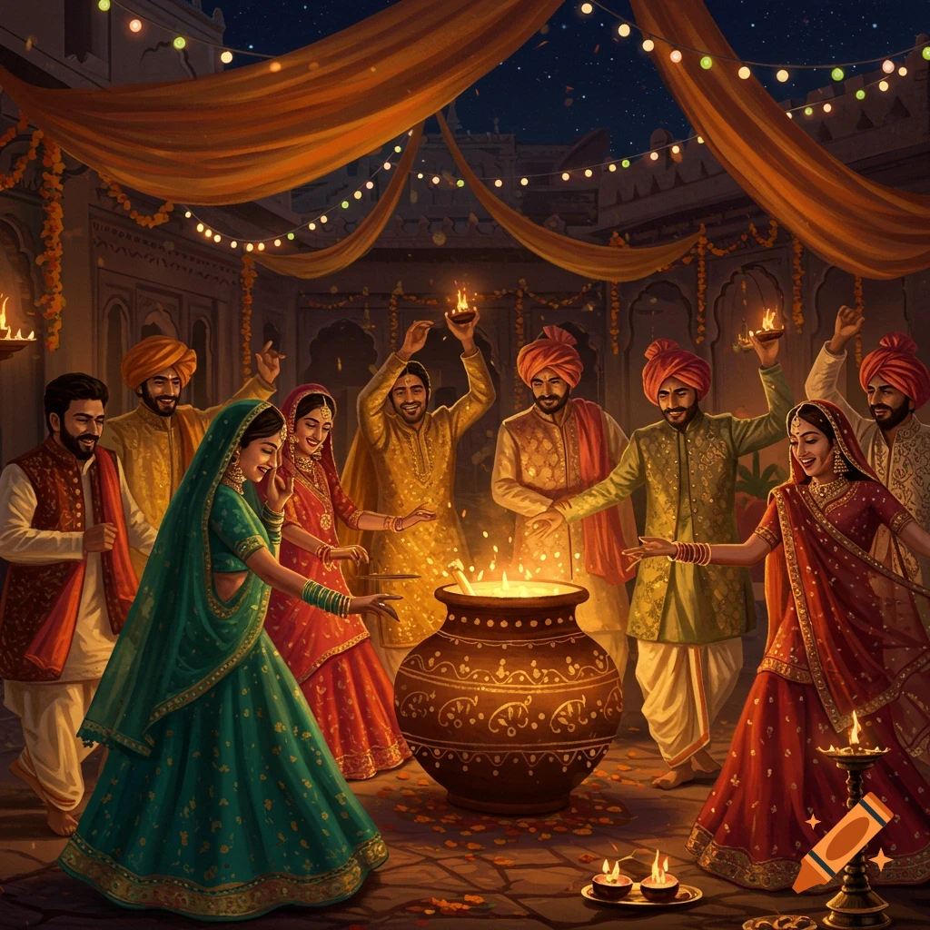 A vibrant group of people in traditional South Asian attire celebrate Jaggo at night, dancing around a large pot with fire, under string lights and drapes.