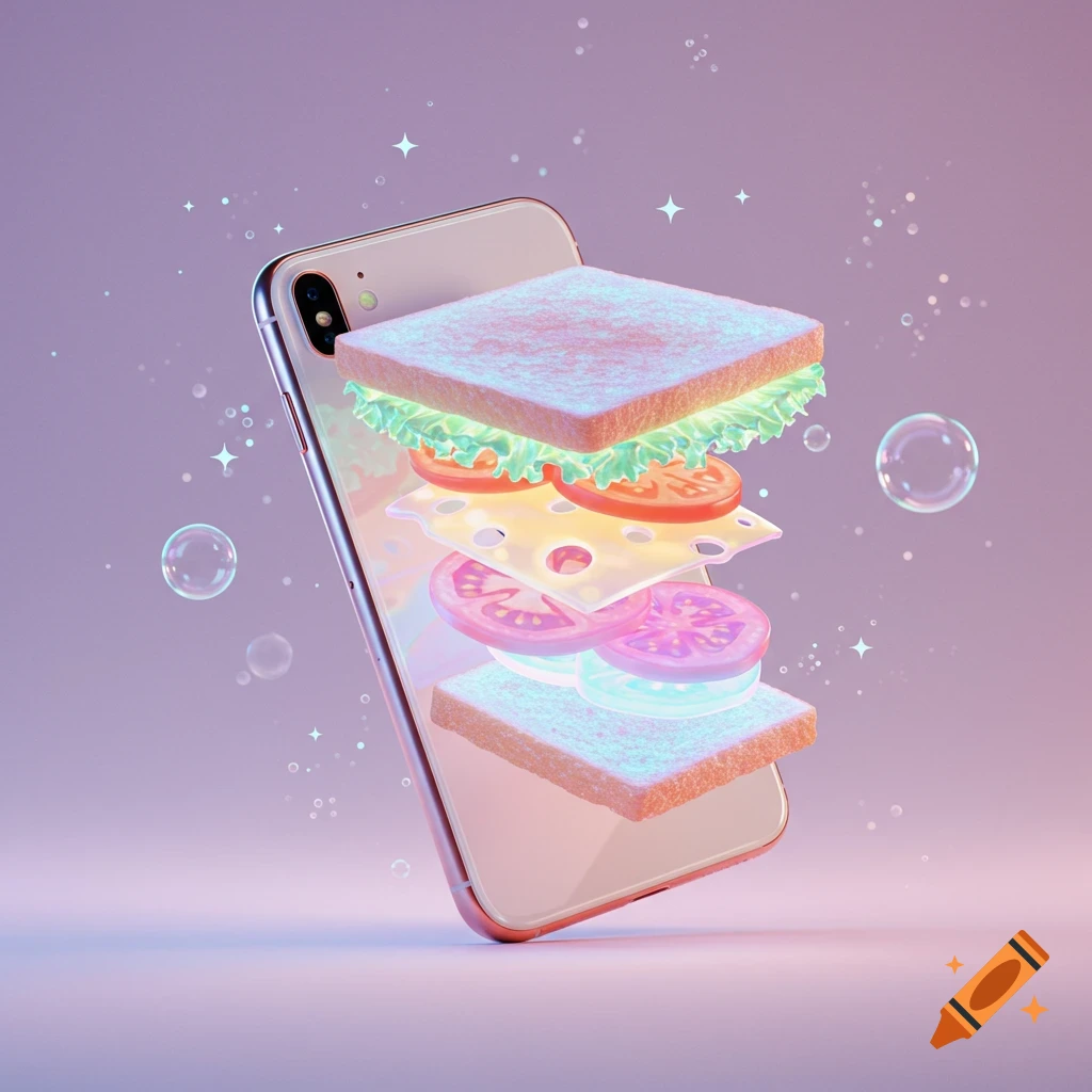 Stylized 3D render of a glowing, disassembled sandwich floating above an iPhone with sparkles and bubbles.