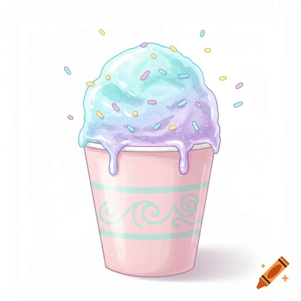 A pastel blue and purple sno cone with colorful sprinkles dripping down into a pink cup with mint green waves.