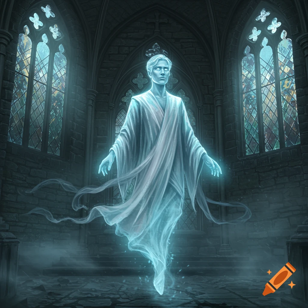 A translucent, glowing blue-white ghost of a man floats in a dark gothic church interior with stained glass windows.