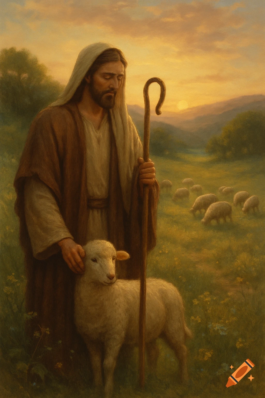 Painting of Jesus, the Good Shepherd, petting a lamb in a grassy field with sheep at sunset.