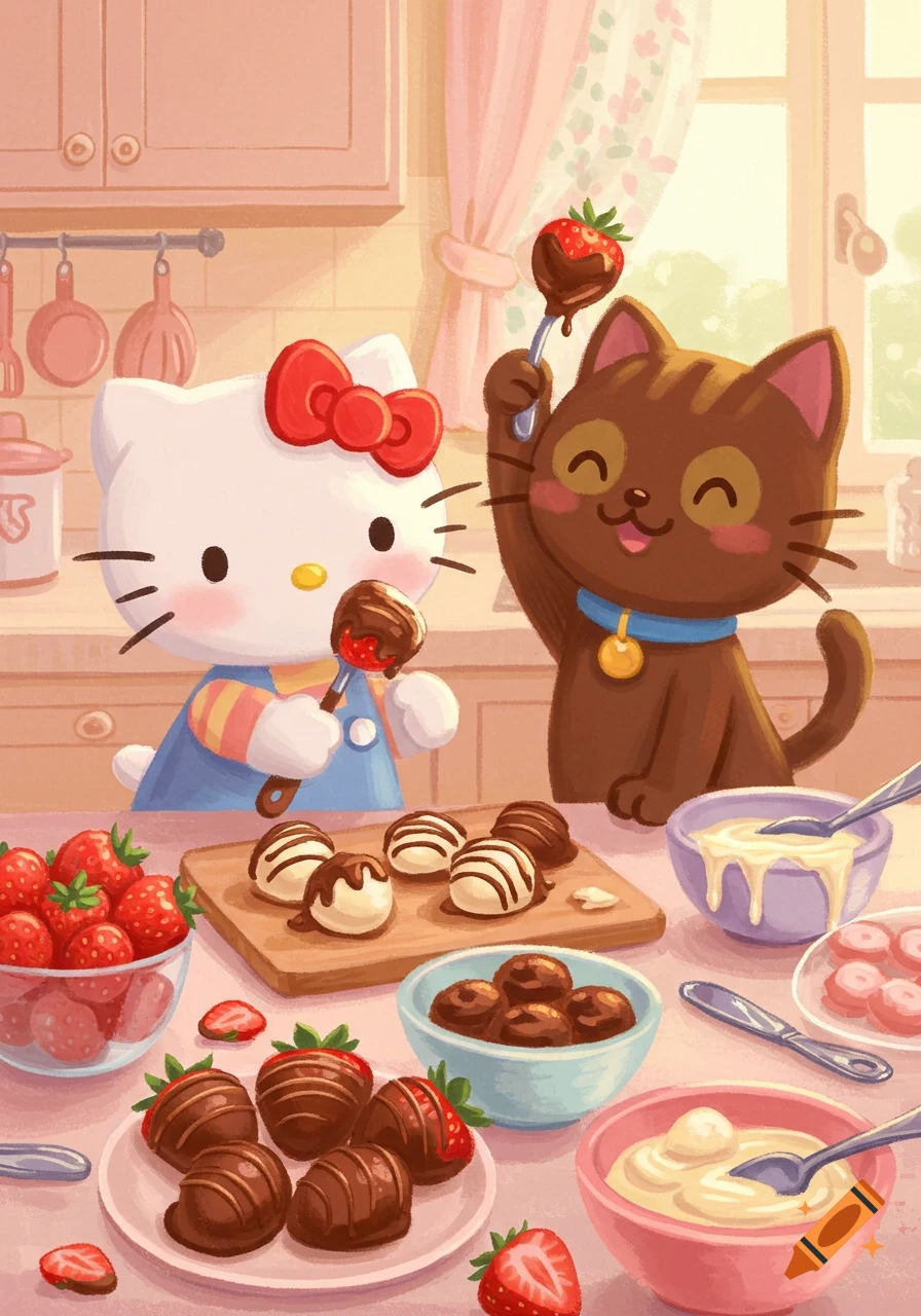 Hello Kitty and Chococat making chocolate-covered strawberries in a kitchen in a cute, soft illustration style.