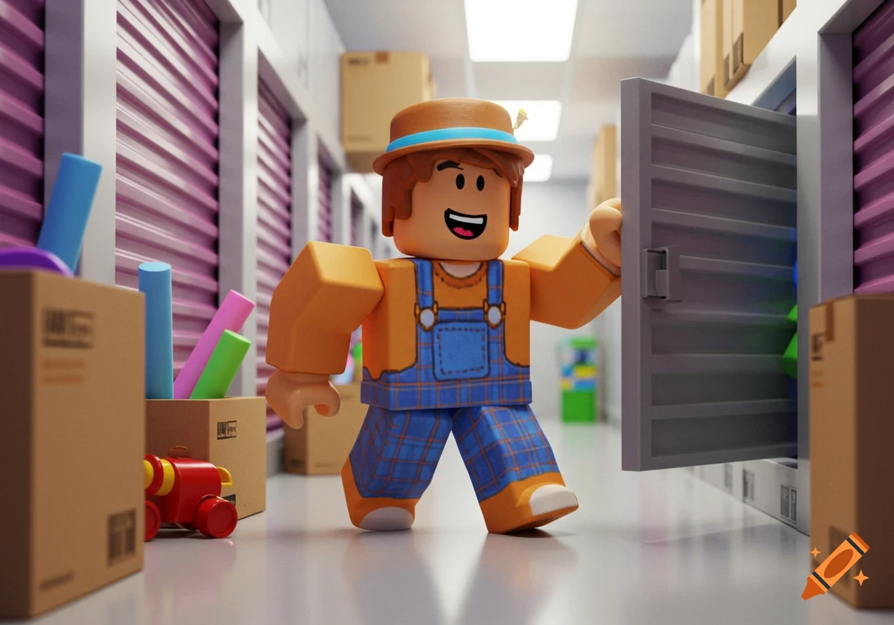 A Roblox character in blue plaid overalls and a brown hat opens a grey storage unit door in a long hallway lined with purple storage units and cardboard boxes.
