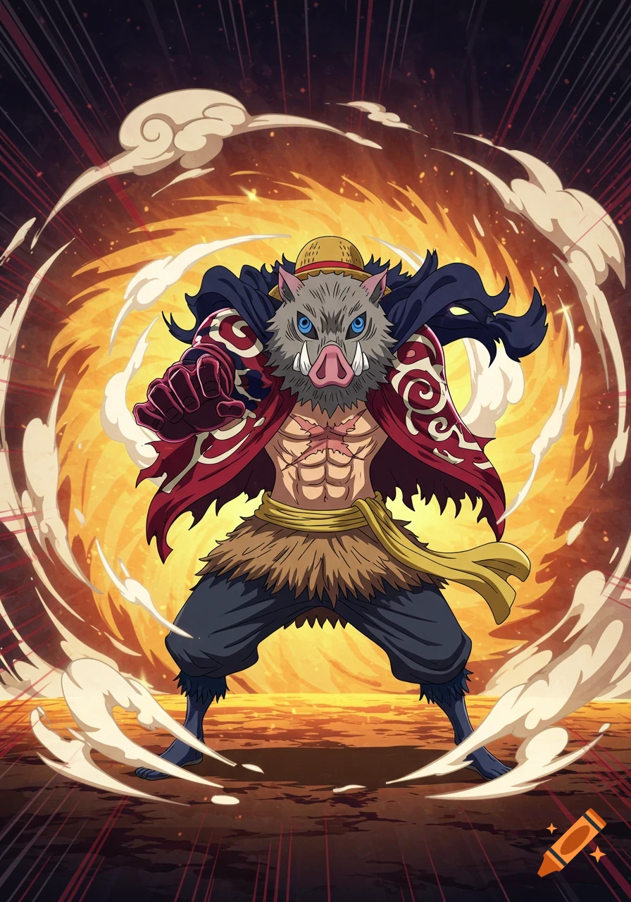 Anime character fusion of Luffy and Inosuke with a boar mask, straw hat, and red coat, posing amidst swirling energy.
