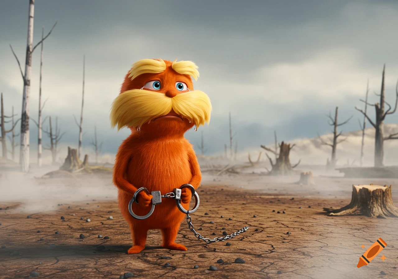 The Lorax, a sad, orange, furry creature, is in handcuffs, crying in a barren, desolate landscape of tree stumps.