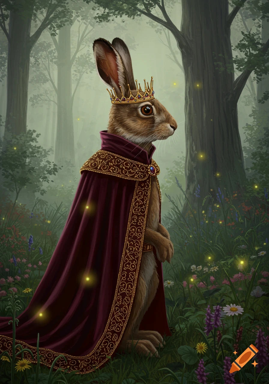 A fairytale-style hare wearing a gold crown and an elaborate burgundy cape stands in a mystical, foggy forest with glowing fireflies.
