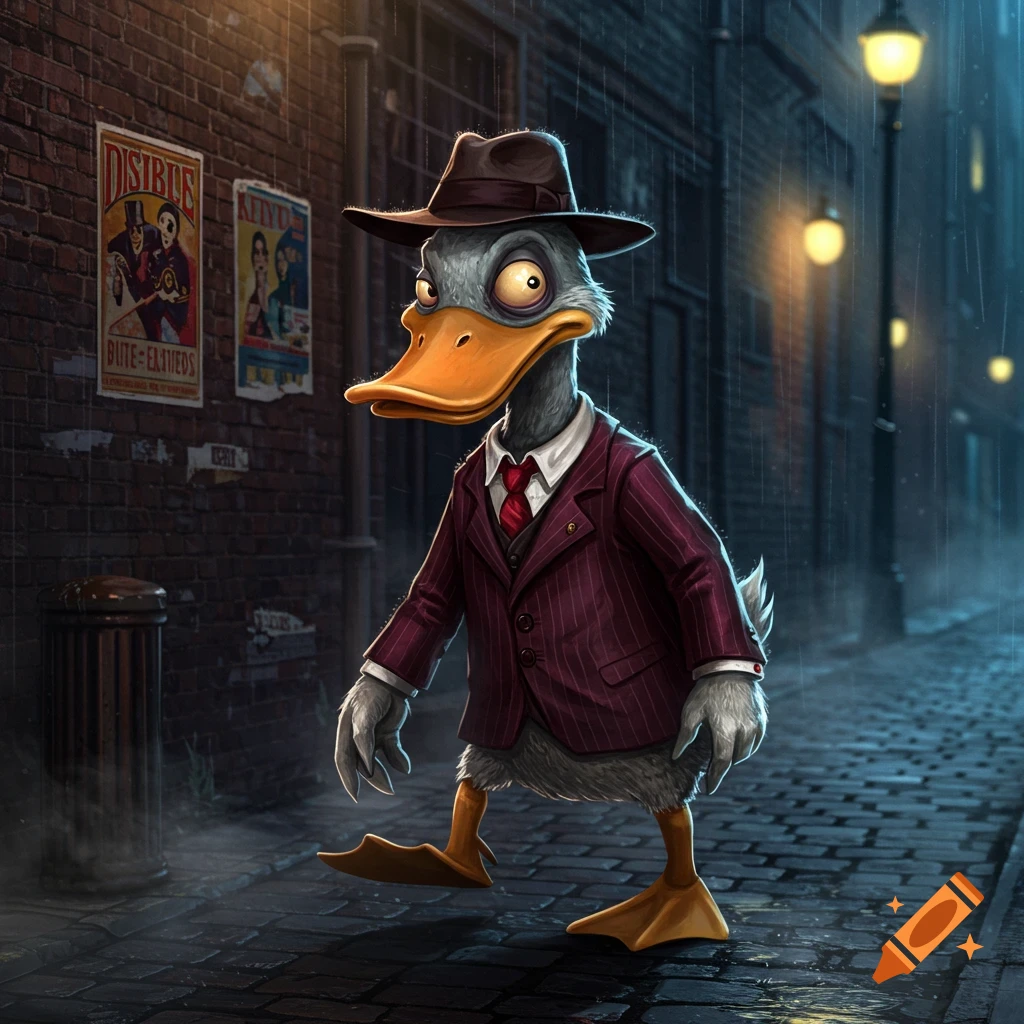 A cartoon anthropomorphic duck in a pinstripe suit and fedora walks through a dark, rainy alley under glowing streetlights.