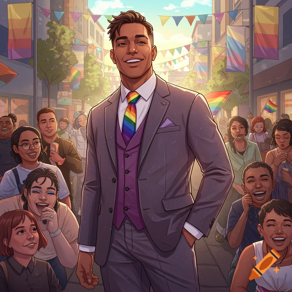Illustrated man in a suit with a rainbow tie smiling and walking through a crowd with pride flags.