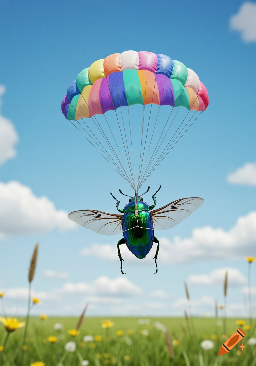 A photorealistic image of a vibrant green beetle flying through a sunny blue sky with a colorful parachute above a field of flowers.