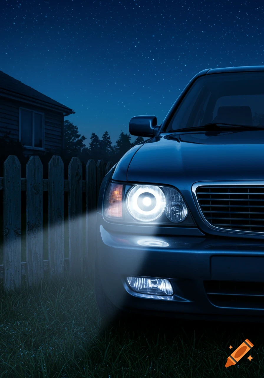 Front of a dark car with bright headlights on, parked behind a wooden fence at night under a starry sky.