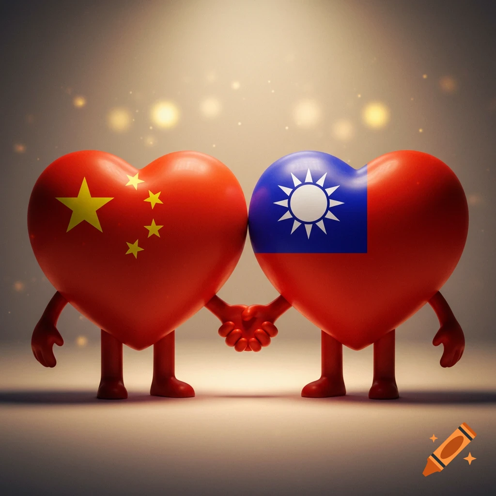 Two heart-shaped characters, one with the Chinese flag and one with the Taiwanese flag, holding hands, with a warm, sparkling background.