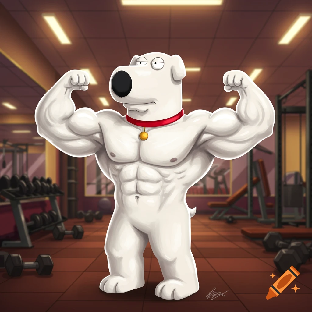 Muscular cartoon character Brian Griffin flexing his biceps in a gym.