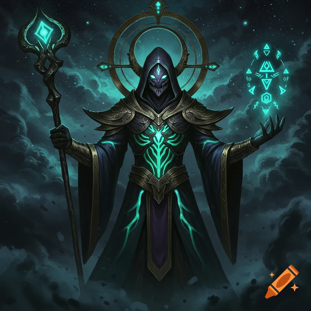 A dark hooded cultist with a skeletal face and glowing teal markings holds a staff and conjures glowing symbols against a cloudy, starry sky.
