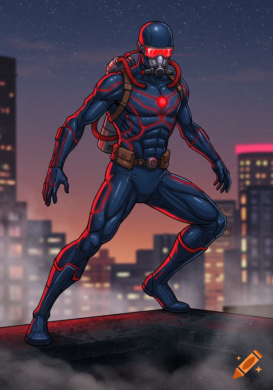 A superhero in a dark blue suit with red glowing lines, a gas mask, and an oxygen tank stands on a rooftop at dusk.