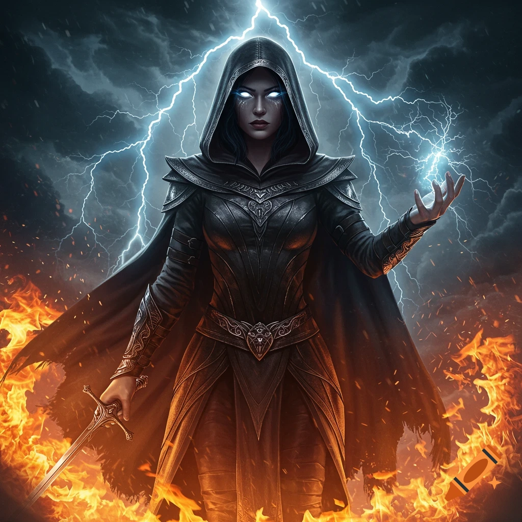 A female wizard in a dark hood with glowing eyes stands amidst fire and lightning, holding a sword, in a cinematic, detailed style.