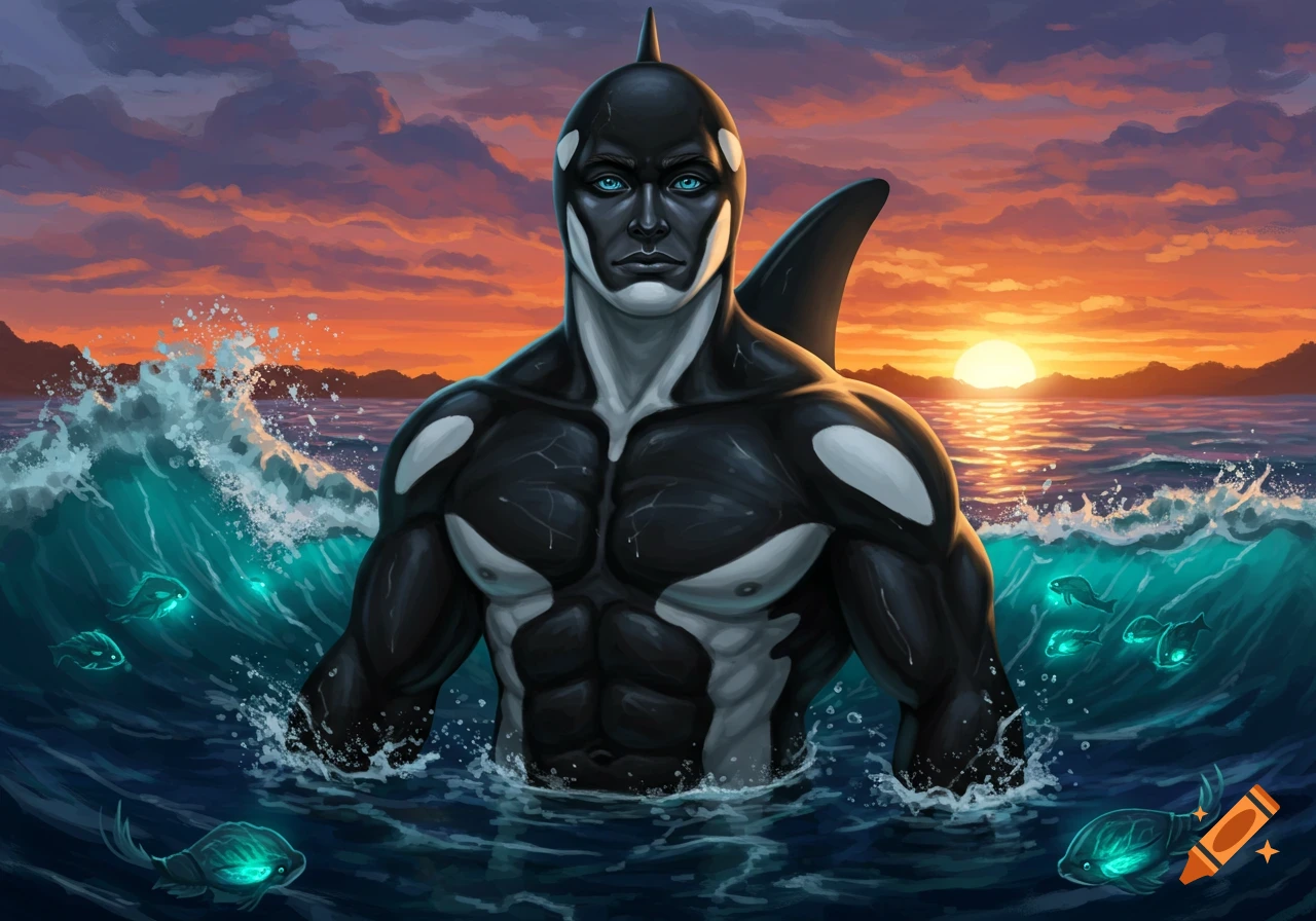 Muscular orca man with blue eyes emerging from wavy ocean at sunset, glowing fish swim around him, in a vibrant fantasy art style.
