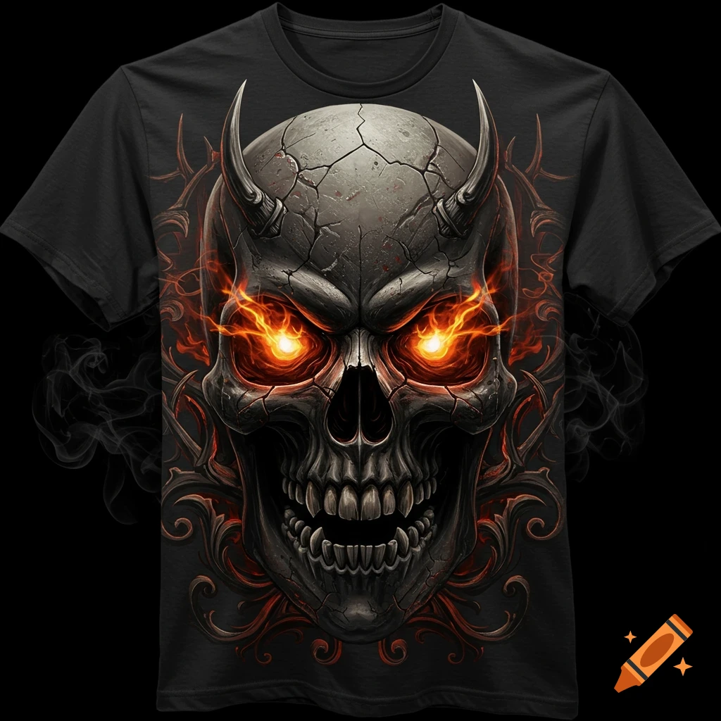 A black t-shirt features a menacing, cracked skull design with glowing fiery eyes, surrounded by gothic details and smoke.