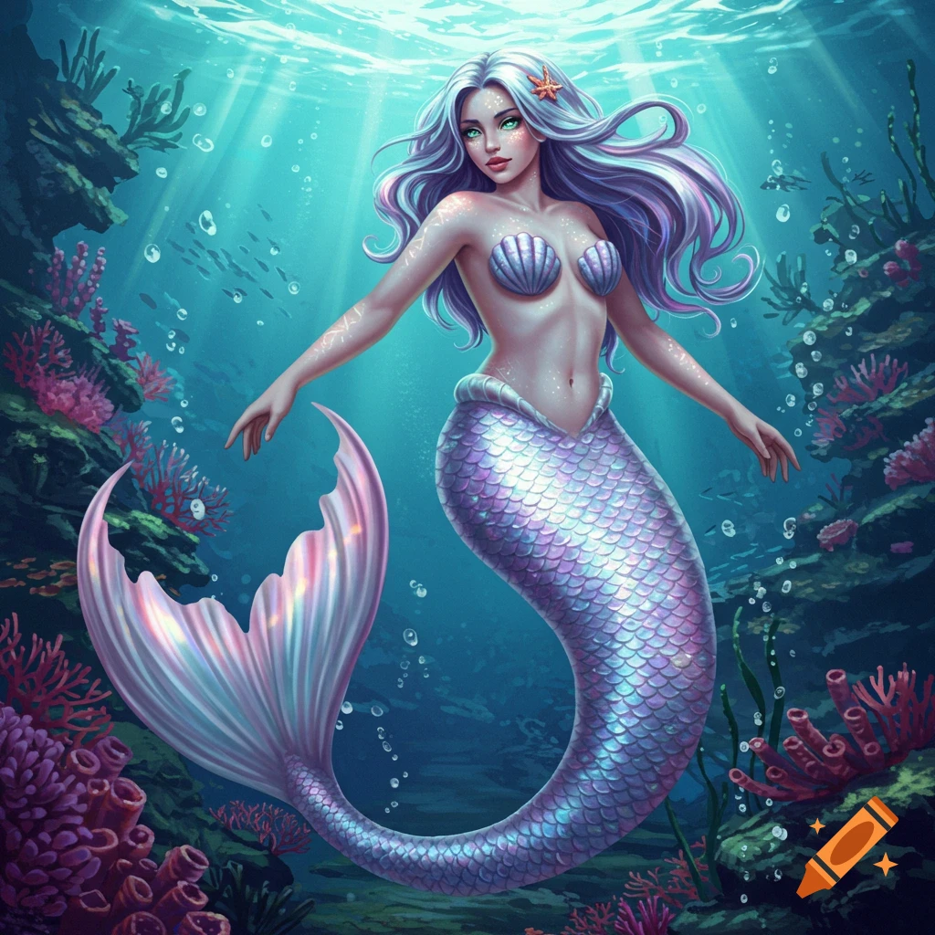 A vibrant fantasy illustration of a mermaid with long purple hair and a shimmering iridescent tail, swimming gracefully underwater surrounded by colorful coral and marine life.