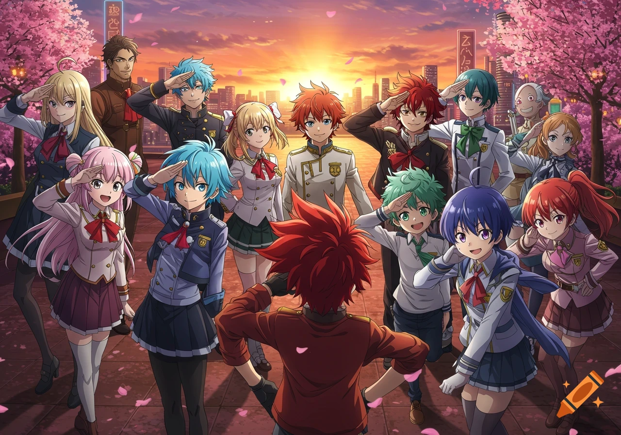 A group of diverse anime characters, mostly young, in military-style uniforms, are saluting in a city park with cherry blossoms at sunset.