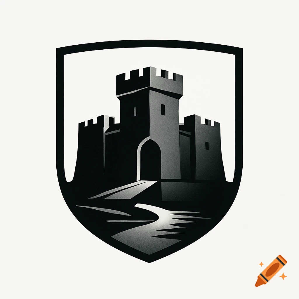 Monochrome heraldic logo of a castle with a path leading to its entrance, enclosed in a shield.