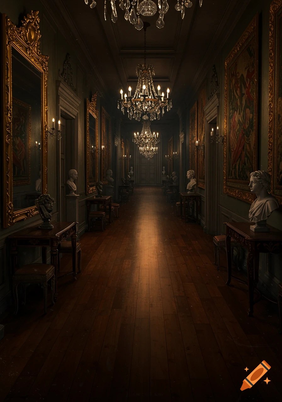 A long, dark, ornate corridor with chandeliers, gilded mirrors, classical busts, and paintings, illuminated by a central beam of light on the wooden floor.