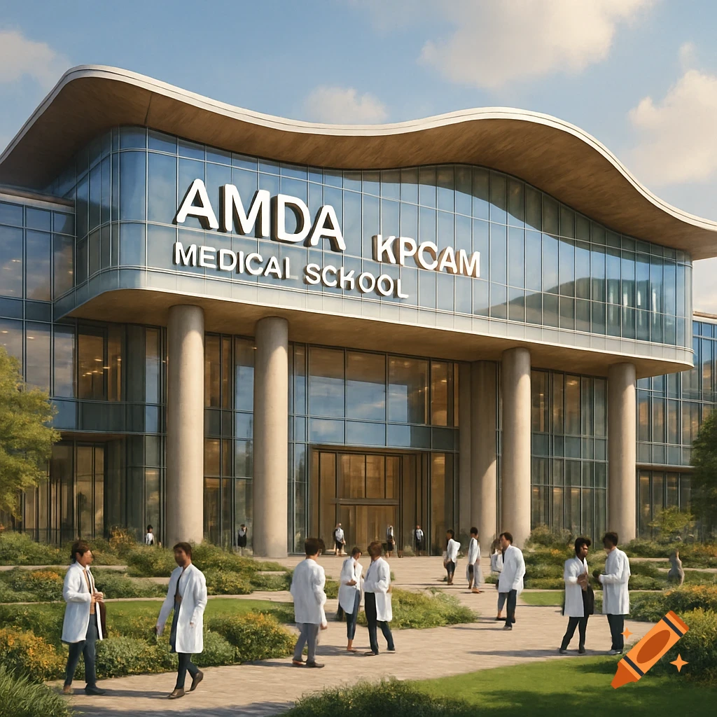 A modern medical school building with "AMDA MEDICAL SCHOOL KPCAM" signage and people in white lab coats walking outside.