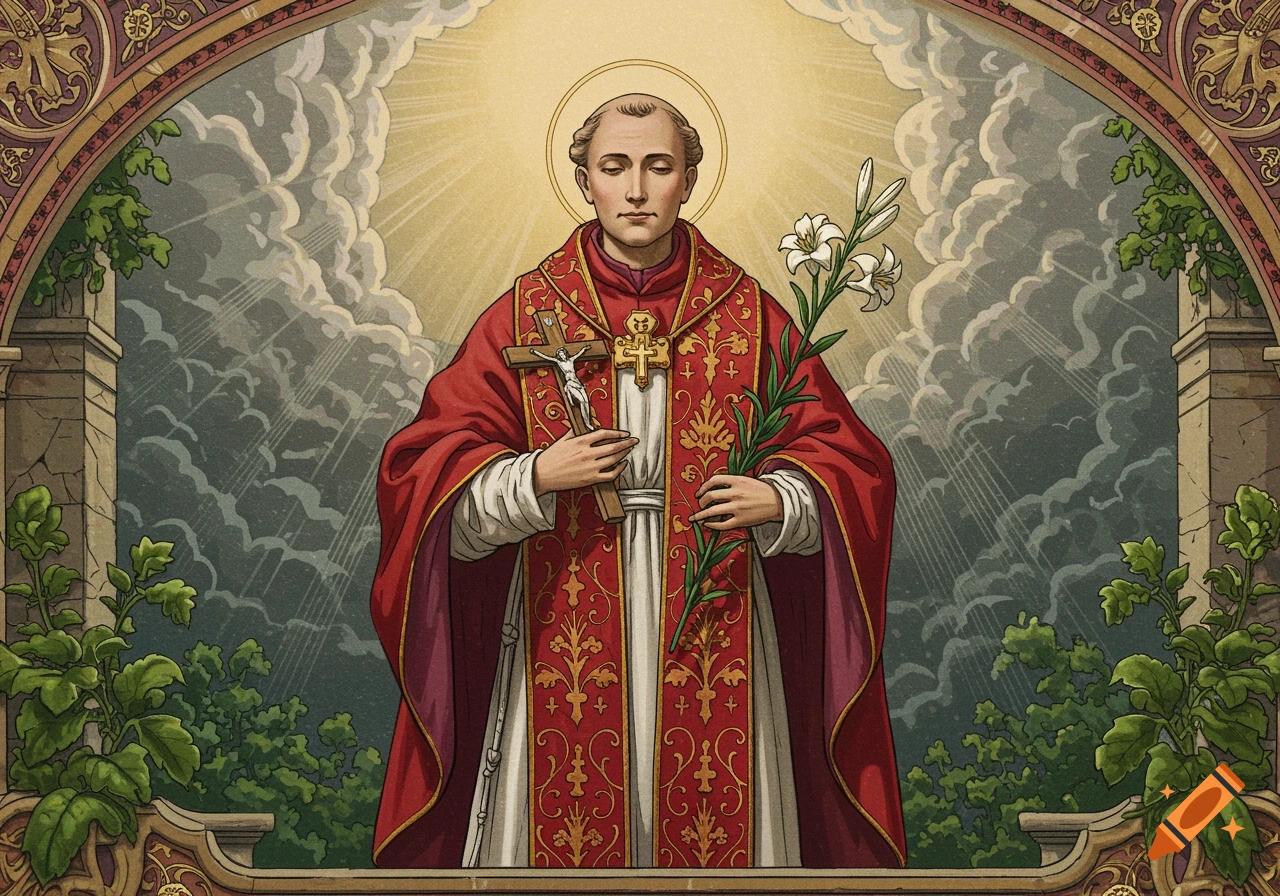 Illustration of Saint Gerard in a red robe, holding a crucifix and white lilies, with a halo and clouds in a decorative arch.