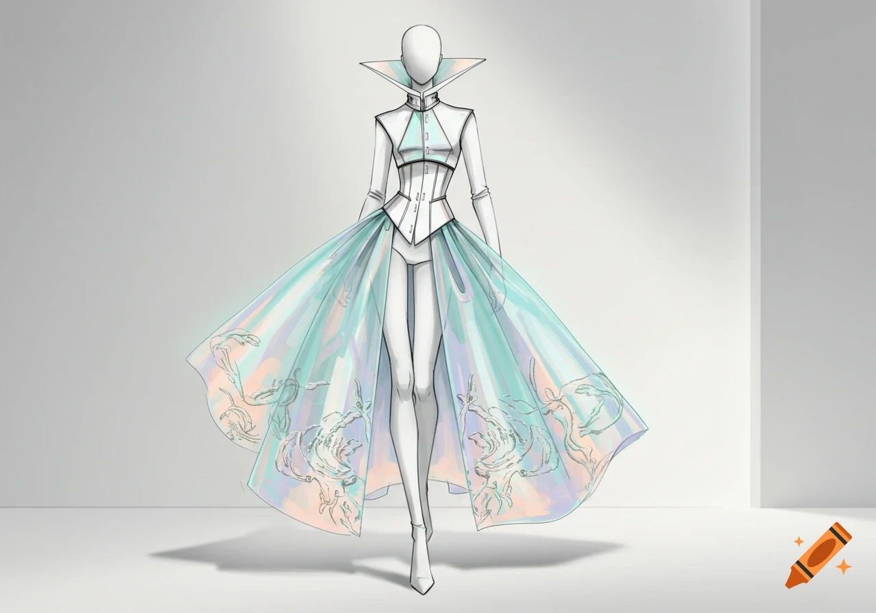 A fashion illustration of a headless figure wearing an elaborate white top with a high collar and an iridescent, flowing skirt with abstract patterns.