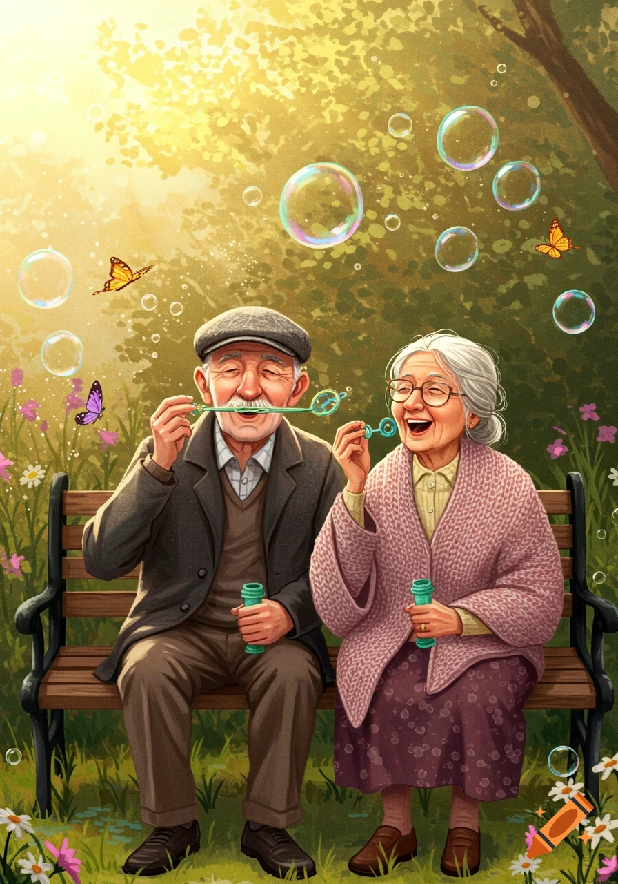 Illustrated image of a happy elderly couple sitting on a park bench blowing bubbles, surrounded by sunlight, butterflies, and flowers.