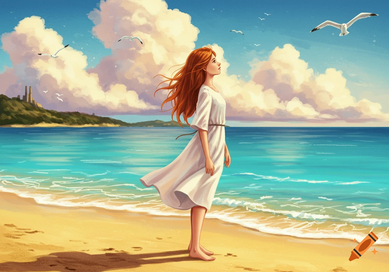 A stylized illustration of a woman with long red hair in a white dress standing on a beach, looking up at seagulls flying over the ocean.