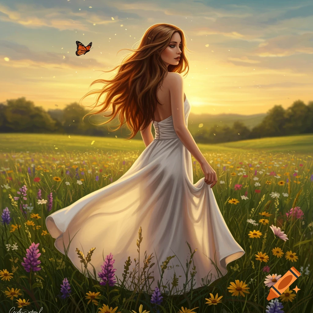 A woman with long flowing hair walks through a field of wildflowers at sunset with a butterfly nearby.