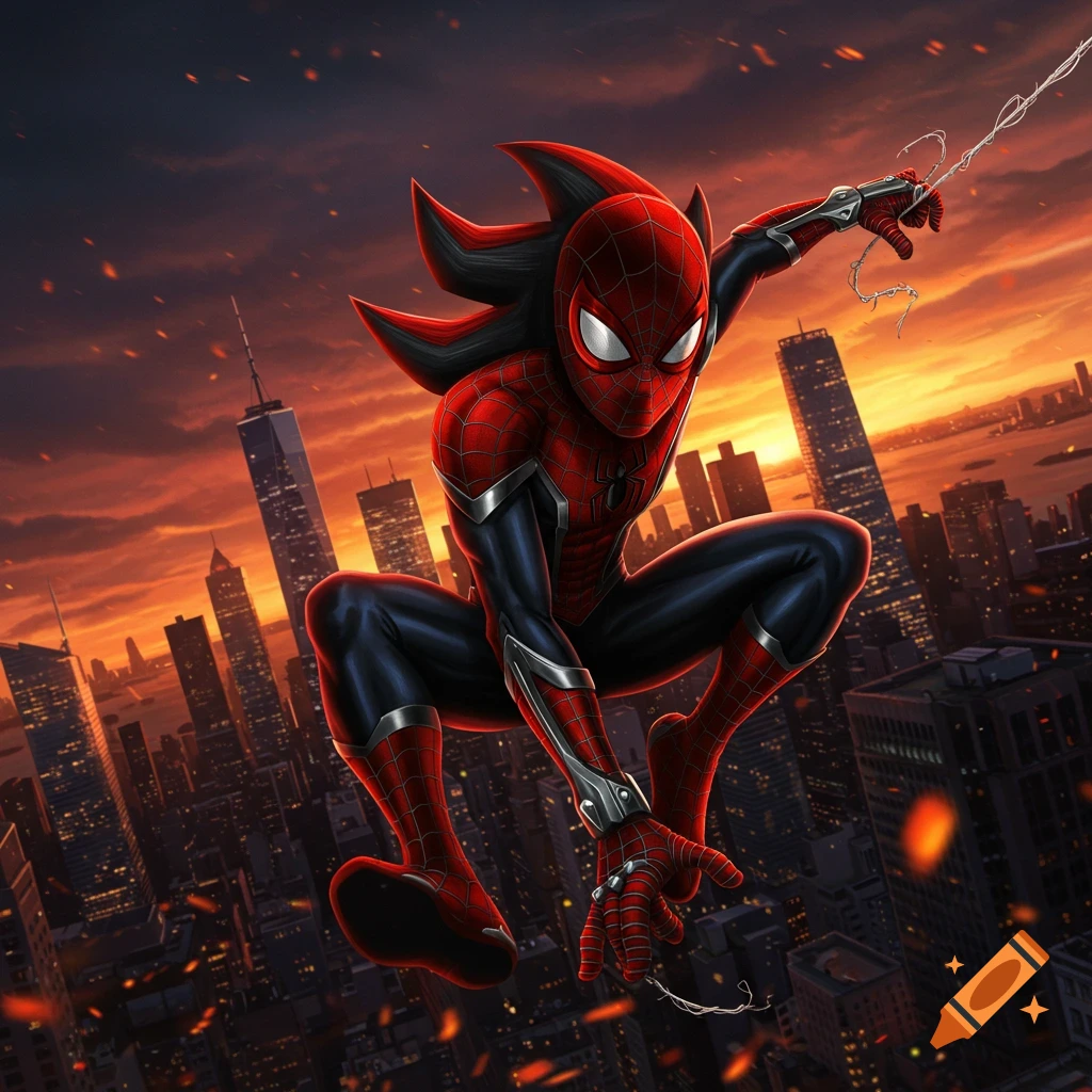 A Spider-Man character with black and red Shadow the Hedgehog spikes and suit crouches mid-air above a city skyline at sunset in a comic art style.