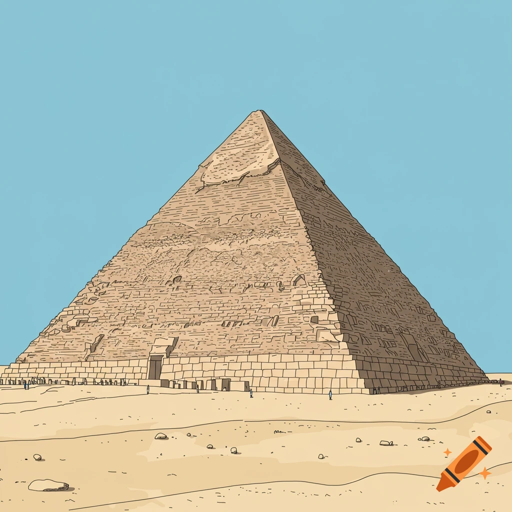 A detailed line drawing of one face of the Great Pyramid of Giza against a clear blue sky, with sand dunes in the foreground.