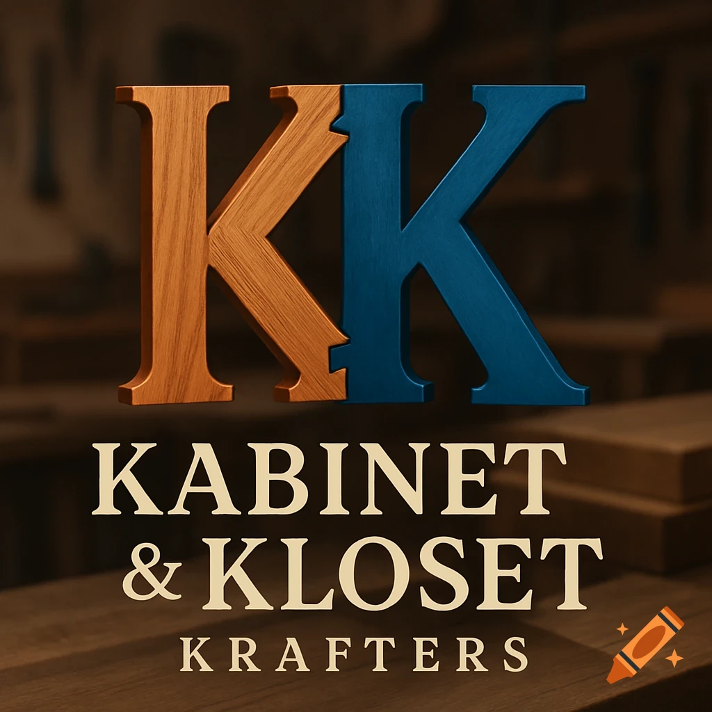 A 3D rendered logo with two interlocking K's, one wood, one blue, above the text 'KABINET & KLOSET KRAFTERS' on a woodshop background.