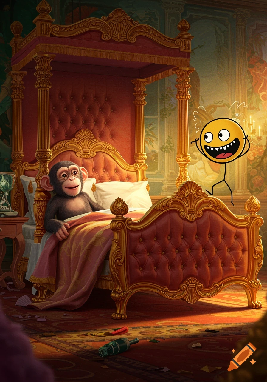 A chimpanzee lies in an ornate, royal bed while a grinning yellow stick figure with large eyes and spiky hair stands beside it. The room is richly decorated.