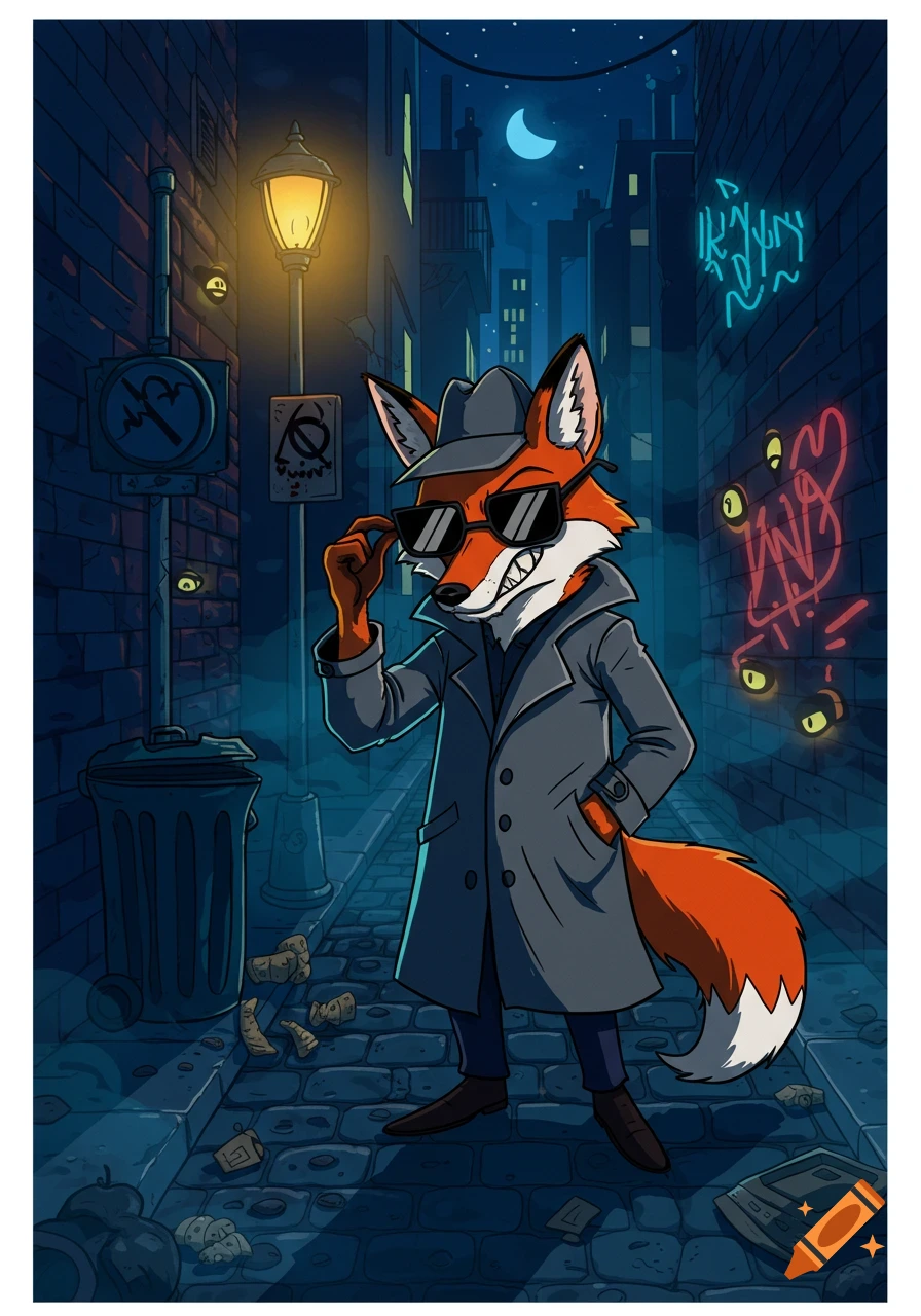 A cool cartoon detective fox wearing a trench coat, fedora, and sunglasses, standing in a dark alley at night with graffiti and glowing eyes in the shadows.