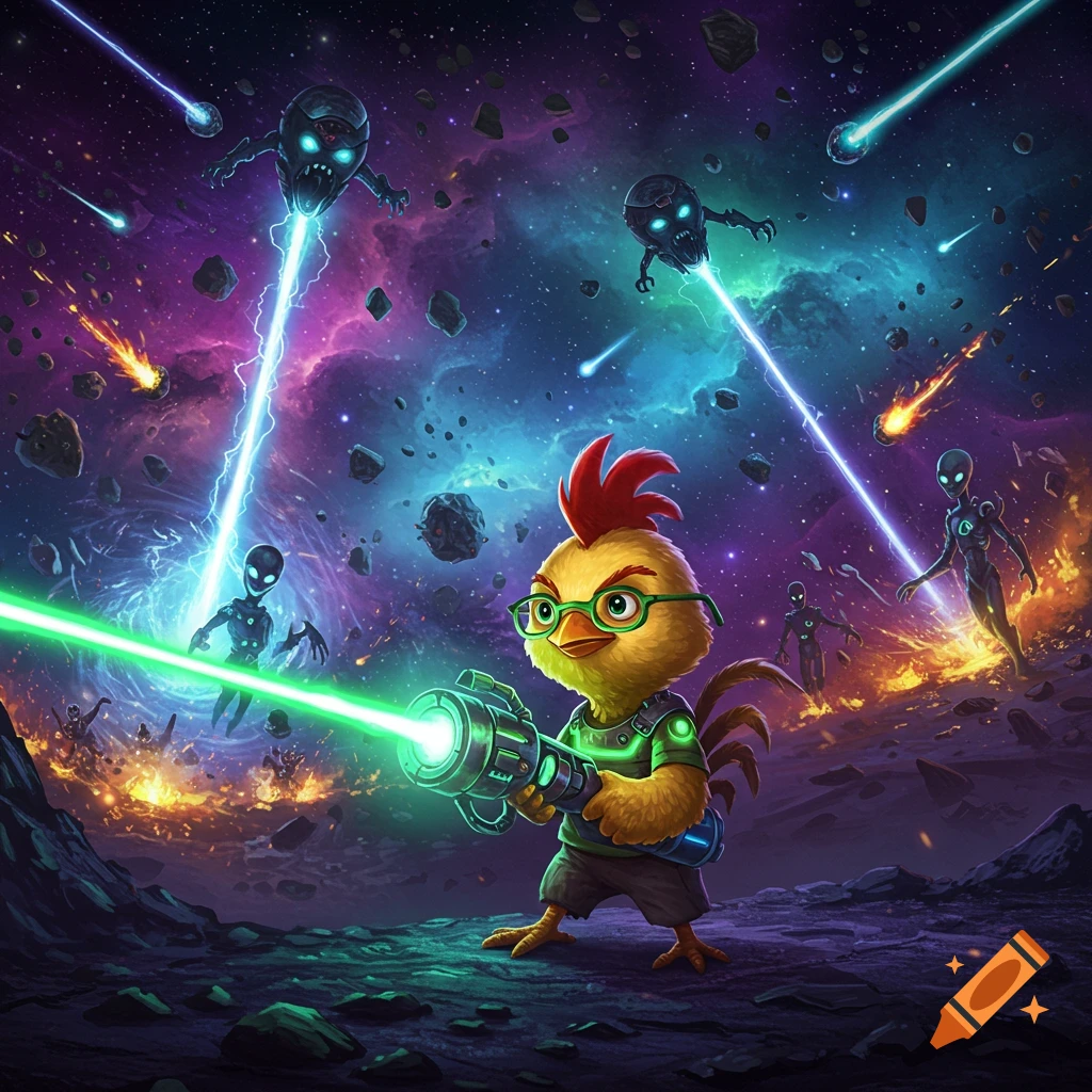 A vibrant illustration of Chicken Little wearing glasses, fighting aliens with a laser gun in outer space.