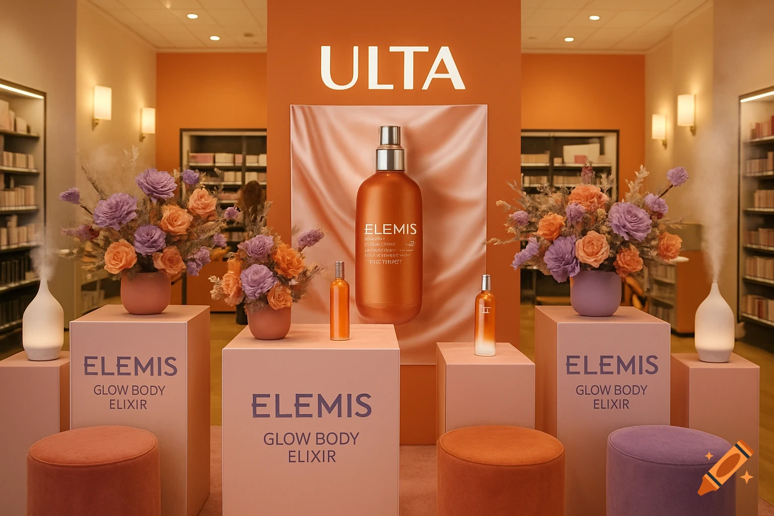 A retail display for Elemis Glow Body Elixir products at Ulta, featuring large bottles, smaller bottles, flowers, and diffusers on pedestals.